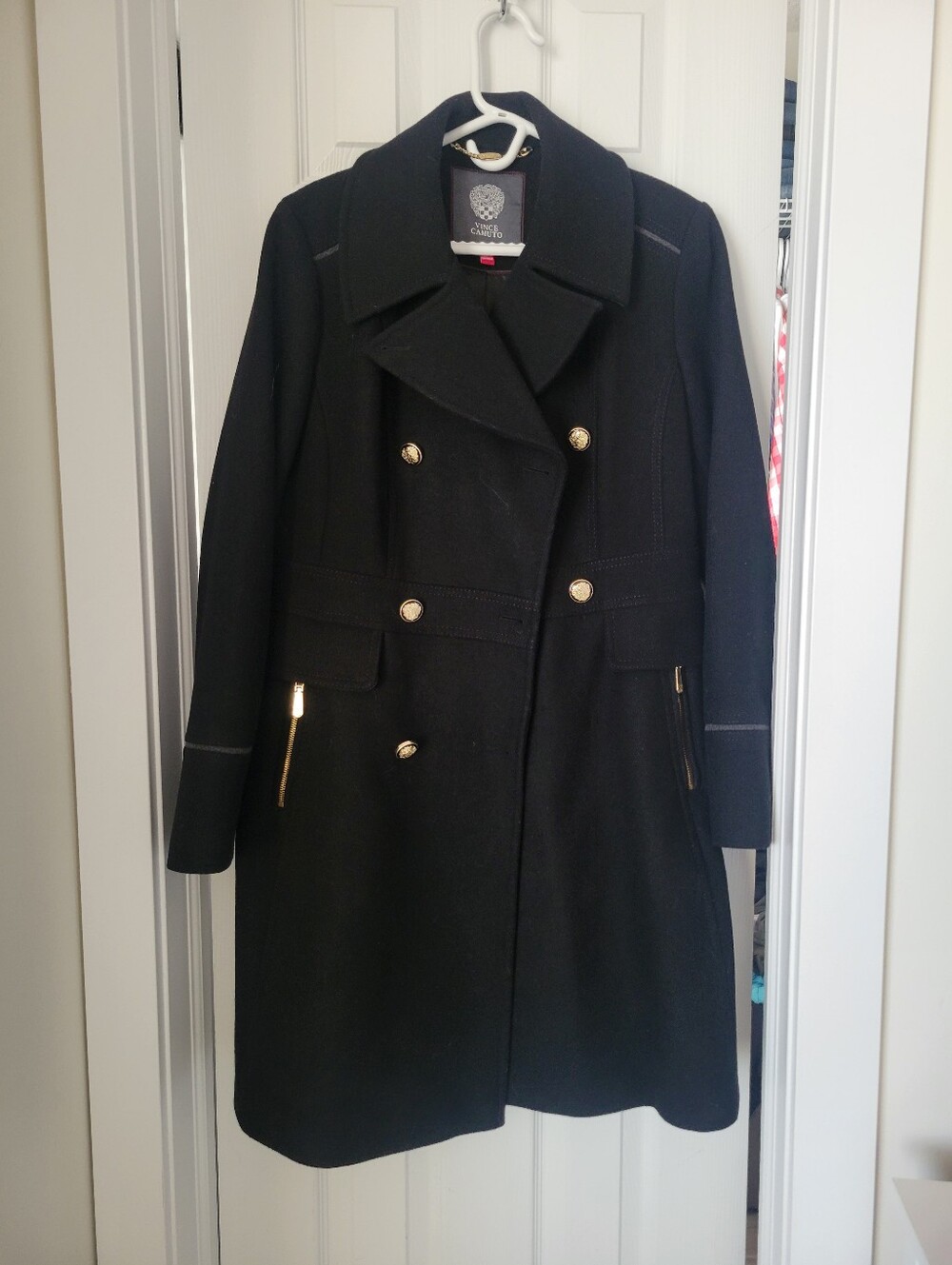 Vince Camuto Elegant Black Pea Coat with Gold Accents